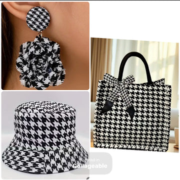 Houndstooth Hat, Purse, and Earring Set