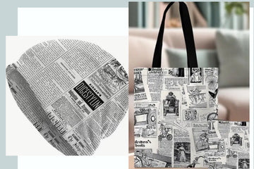 A Newspaper Printed Fitted Hat /Tote Bag w Small Pouch