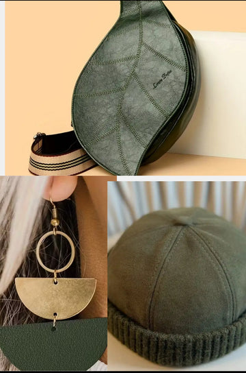 Premium Vegan Leather Bag , Earrings, and Hat set